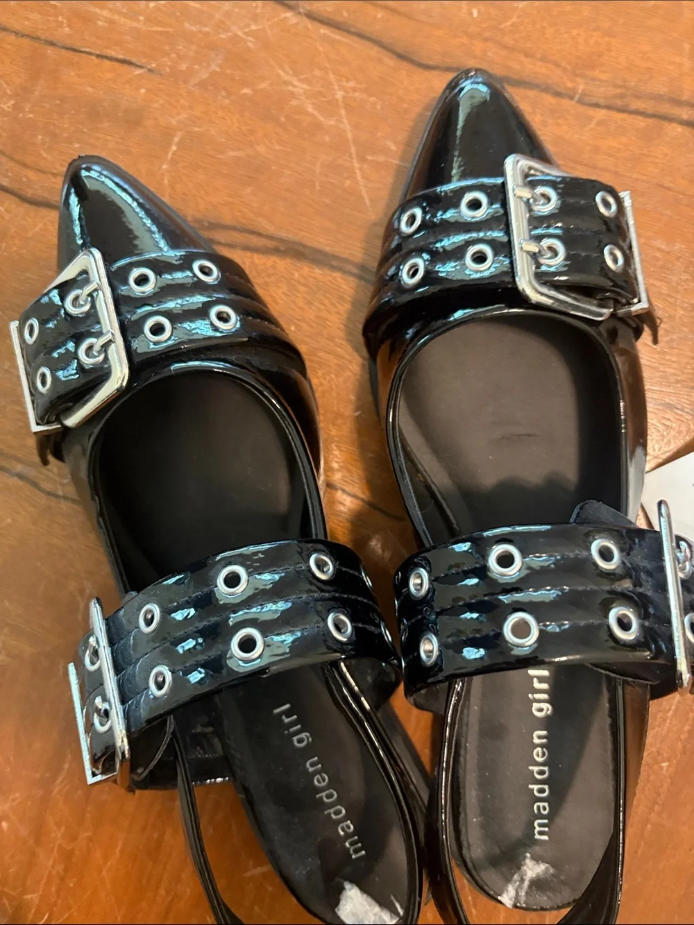 Madden Girl Black Patent Double Buckle Slingback Flats
